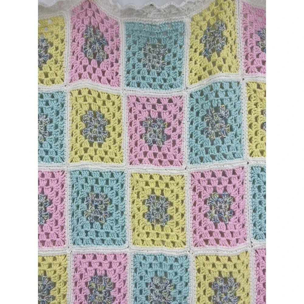 Vintage Pastel Afghan Granny Square Crocheted Baby Blanket Handmade 59 x 46